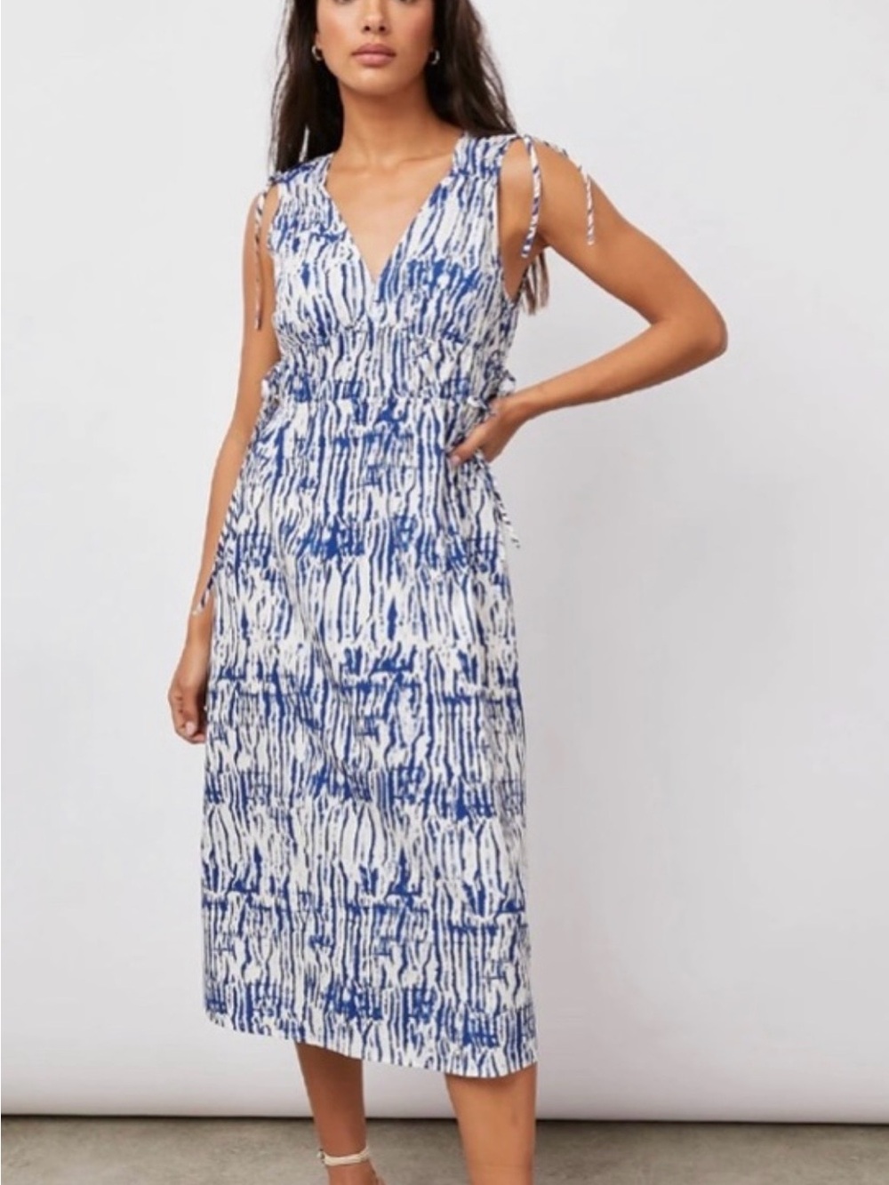 Rails Blue and White Printed Tie-Shoulder Midi Dress